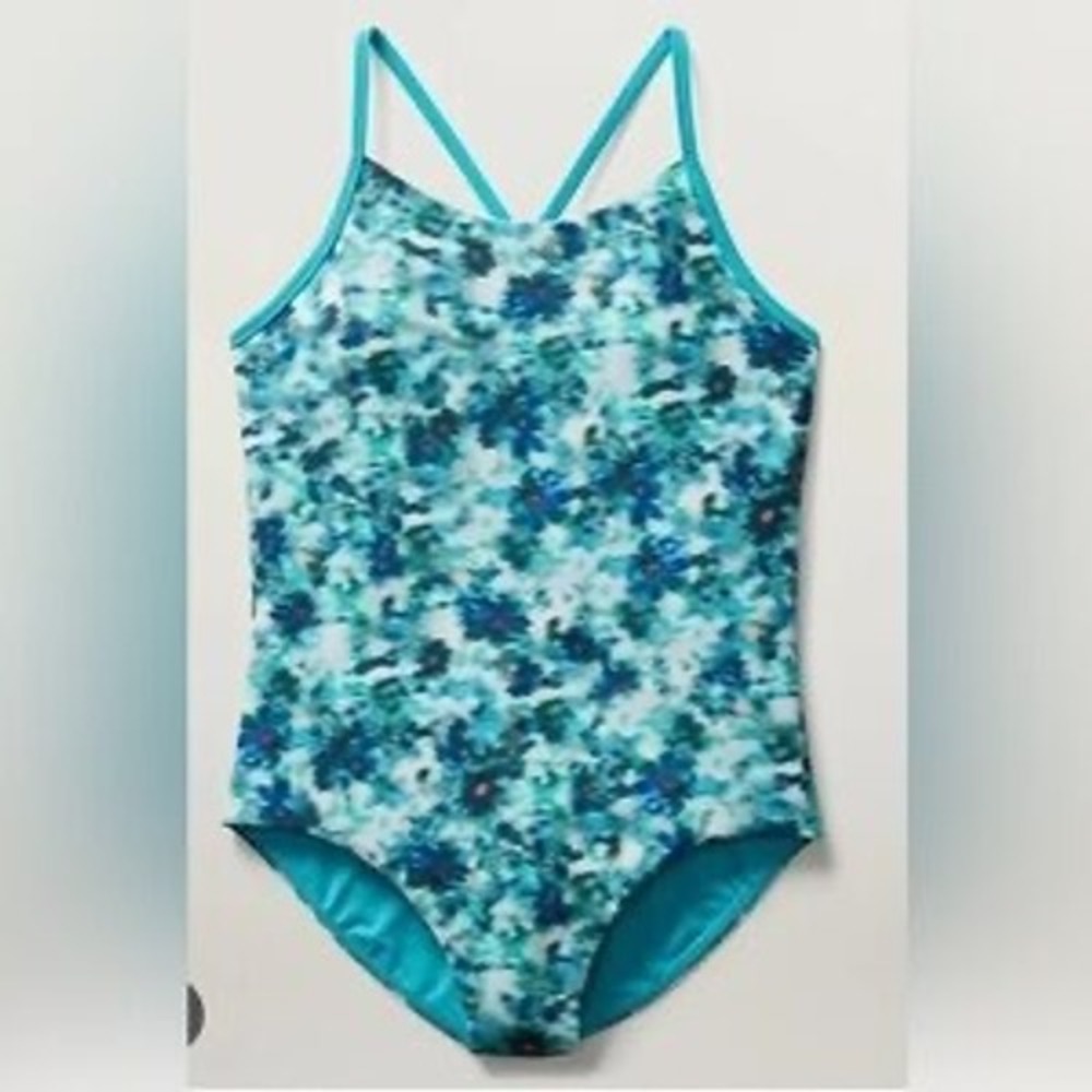 Athleta Girl Blue Floral One Piece Swimsuit Adjustable Straps Size XL 14